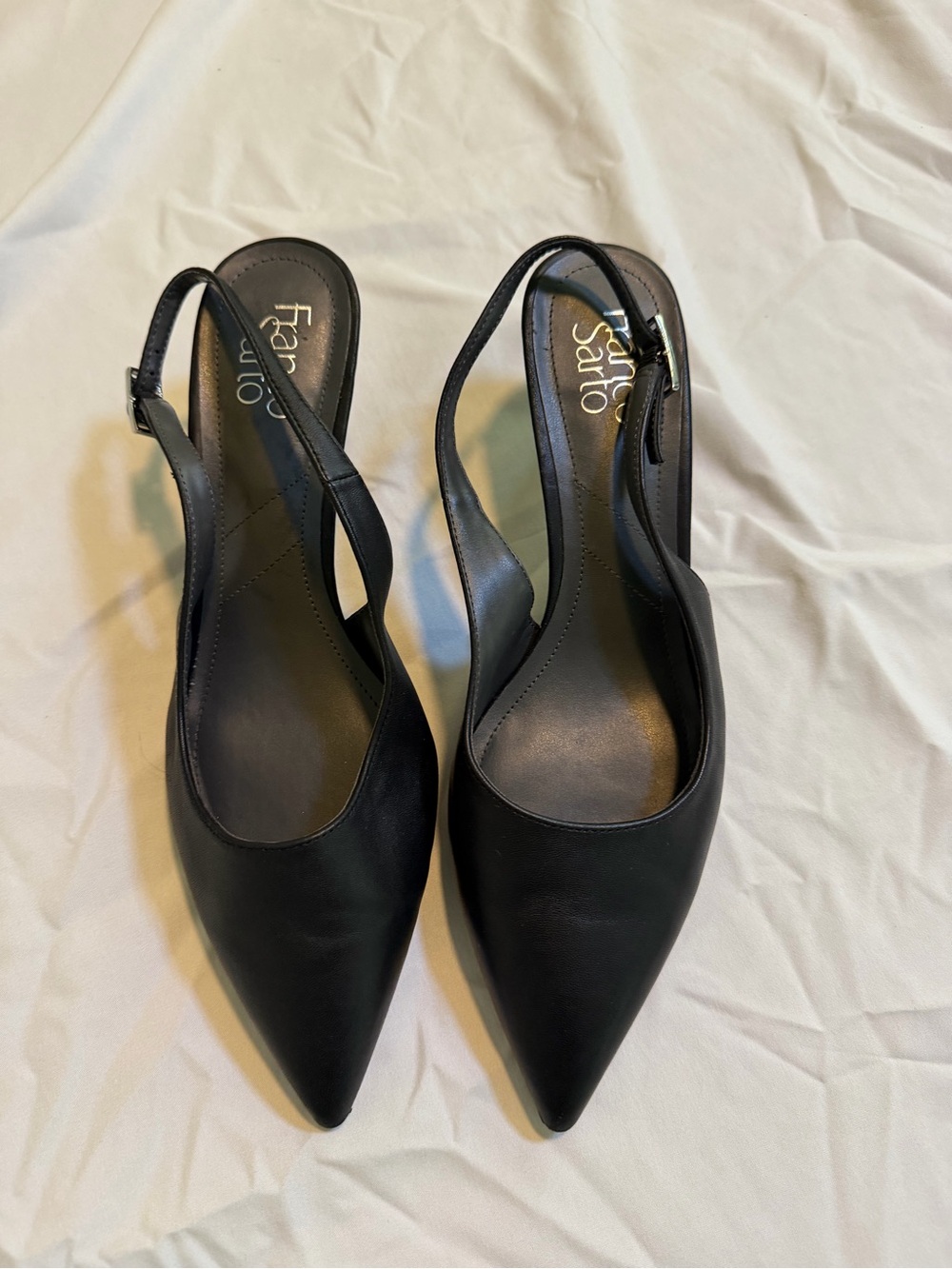 Franco Sarto Black Leather Pointed Slingback kitten heel buckle strap size 9